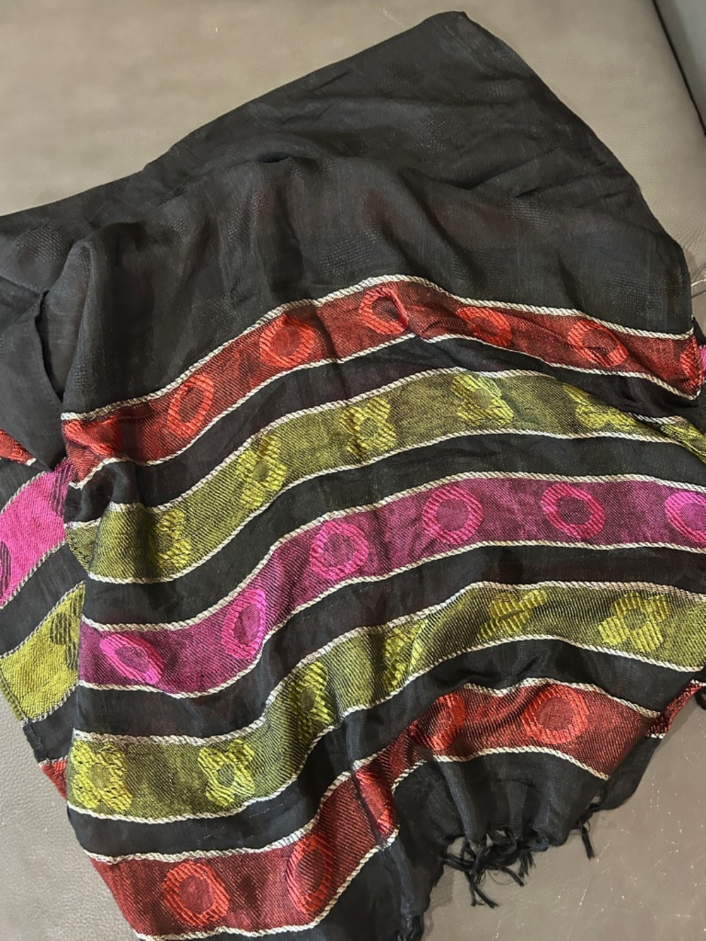 Black Scarf with Multicolor Embroidered Stripes 62”x24” - Picture 3 of 3